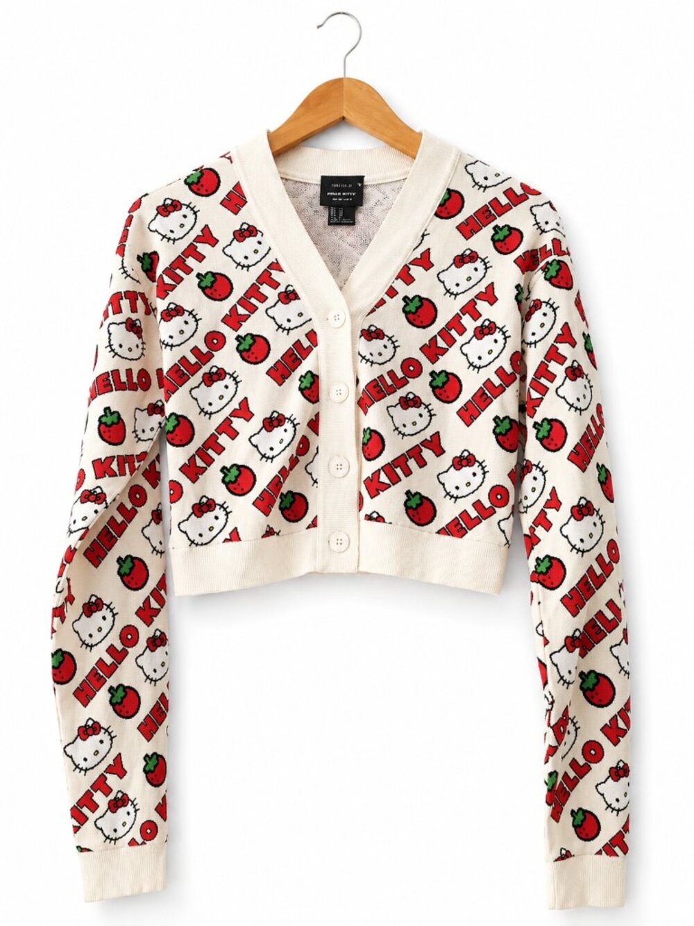 Dumbgood x Hello Kitty Strawberry Y2K Cropped Knit Cardigan Cream Red XS